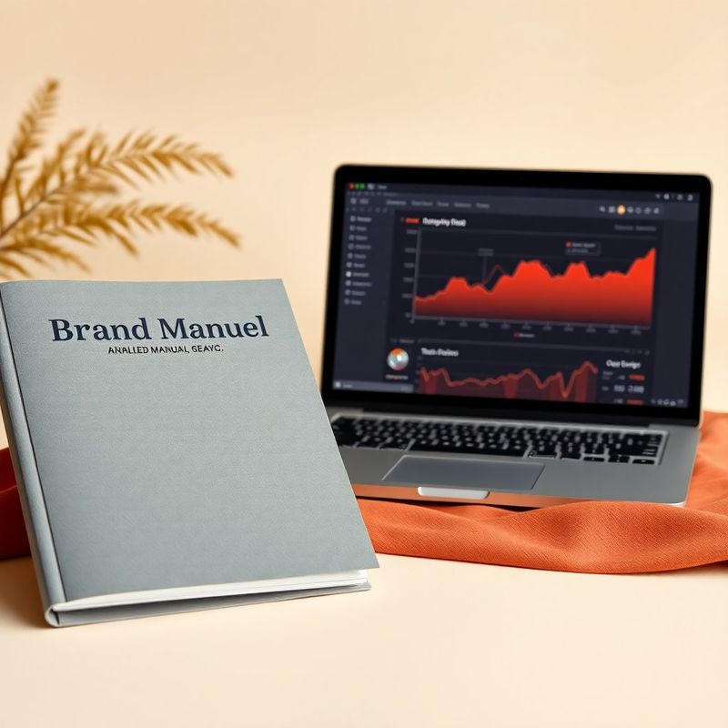 Manuale di brand accanto a laptop con dashboard analytics in crescita